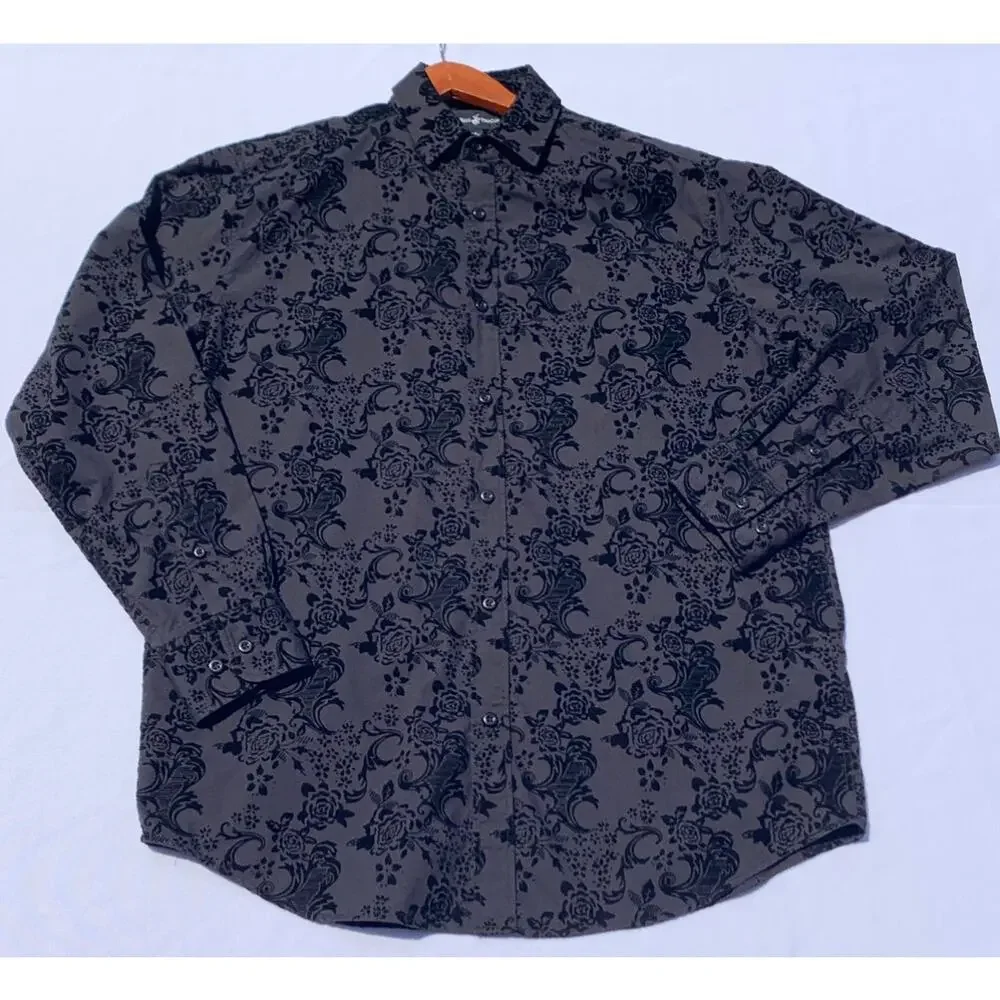 BEVERLY HILLS POLO CLUB Men’s Black Jacquard Long Sleeve Button Front Shirt Med.